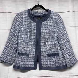 Talbots 14P Blue White Tweed Open Front Jacket Fringe Trim Blazer Chanel Style
